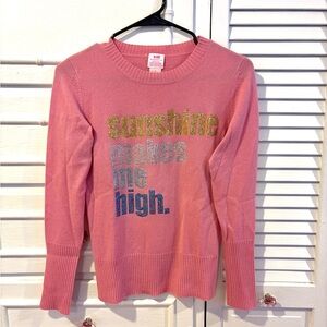 E.vil 100% Cashmere Pink Sweater with crystal burnout “SUNSHINE MAKES ME HIGH” M